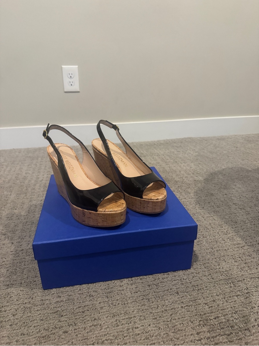 Riviera Black Patent Cork Platform Slingback Wedges